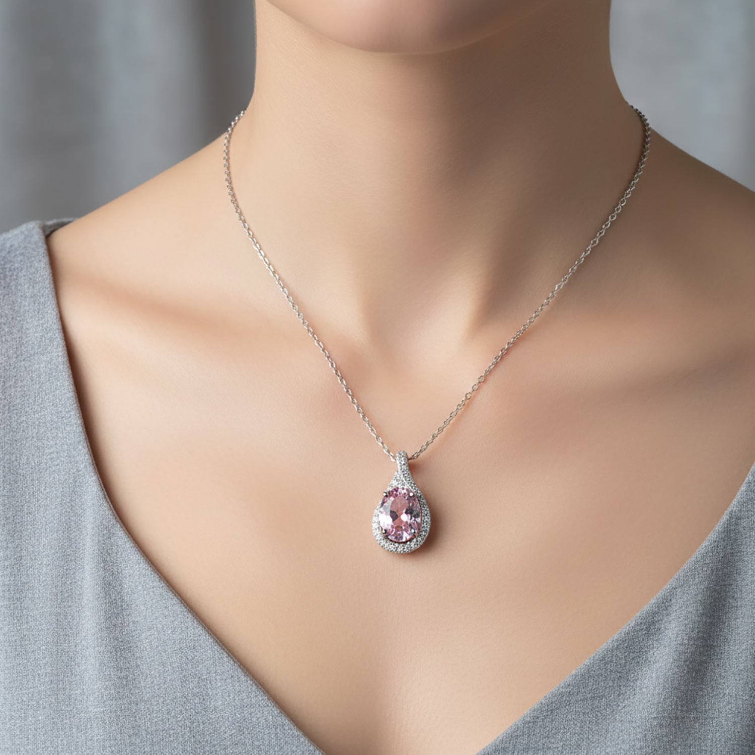 Diamonxa Luxury Silver Pink Teardrop Necklace for Women