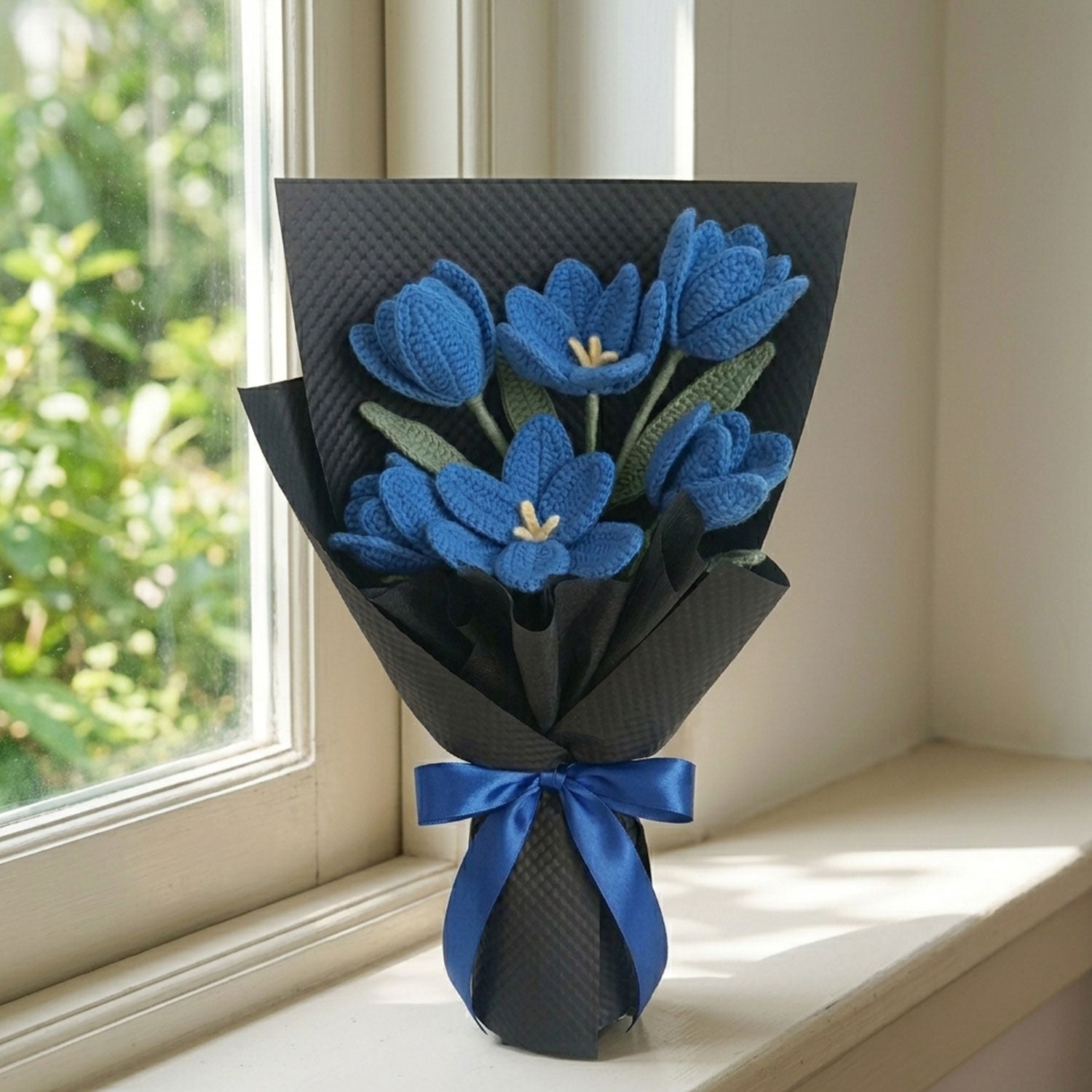 Diamonxa Crochet Blue Flower Bouquet – Handmade Gift